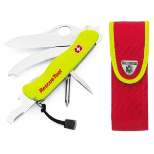 Navaja Victorinox Rescue Tool en color amarillo, diseñada para situaciones de emergencia con herramientas como cortador de cinturones, rompevidrio y hoja bloqueable.
