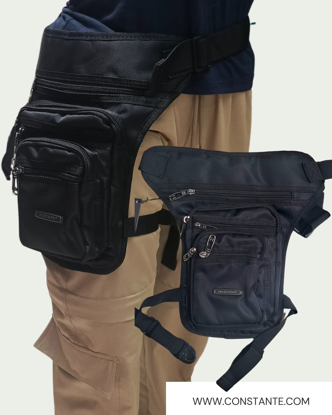 Canguro táctico Madison, diseñado con material resistente al agua y al desgaste. Cuenta con múltiples compartimentos, ajuste ergonómico y sistema MOLLE para mayor capacidad de personalización.