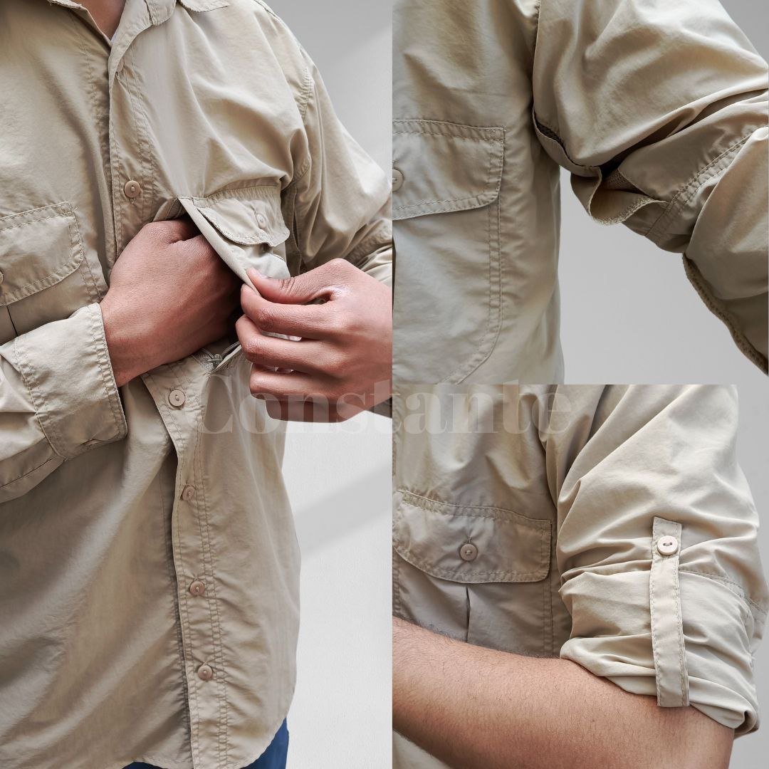 Camisa safari de secado rápido con tela transpirable y protección UV, ideal para actividades al aire libre.
