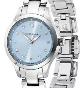 Reloj Victorinox Alliance XS Swiss Made con esfera azul, caja de acero inoxidable y correa metálica. Elegancia compacta y estilo suizo.