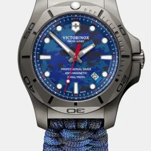 Reloj Victorinox I.N.O.X. Professional Diver Titanium con correa paracord azul, caja de titanio gris y esfera azul. Ideal para buceo profesional.