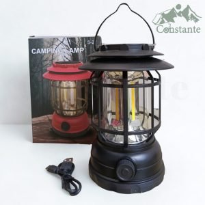 Lámpara LED portátil tipo farol colgante con batería recargable, luz ajustable y gancho superior.