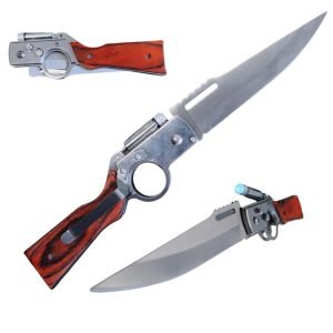 Navaja de bolsillo plegable con forma de AK-47, luz LED integrada y doble sistema de seguridad.